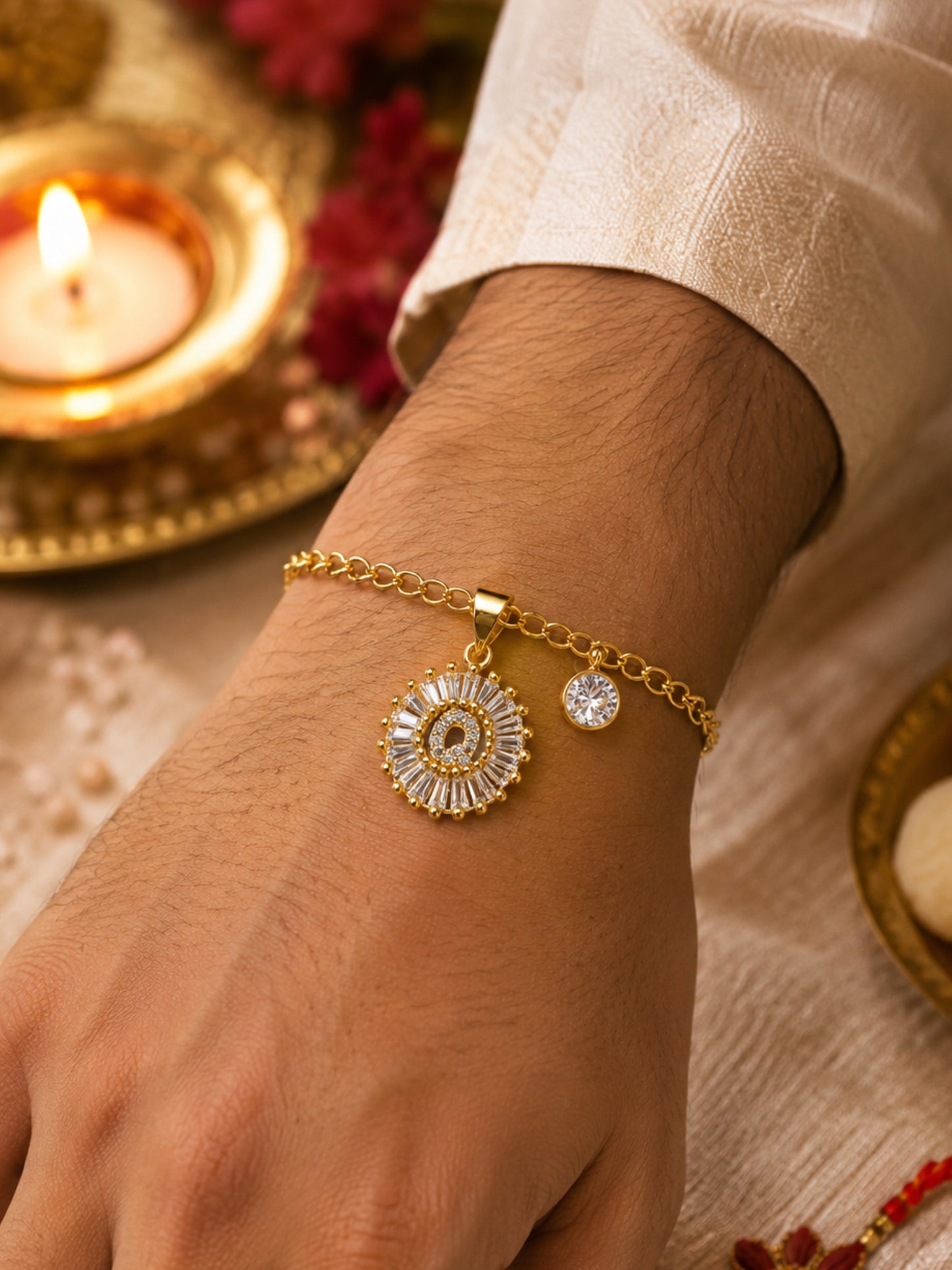 A TO Z Alphabet Circular Crystal Charm Initial Name Lumba Rakhi Bracelet For Bhaiya Bhabhi