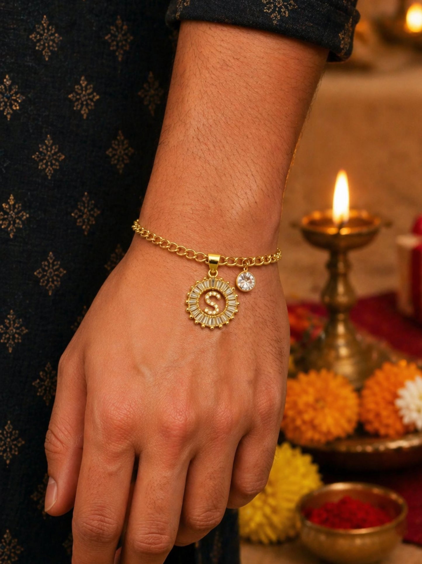 A TO Z Alphabet Circular Crystal Charm Initial Name Lumba Rakhi Bracelet For Bhaiya Bhabhi