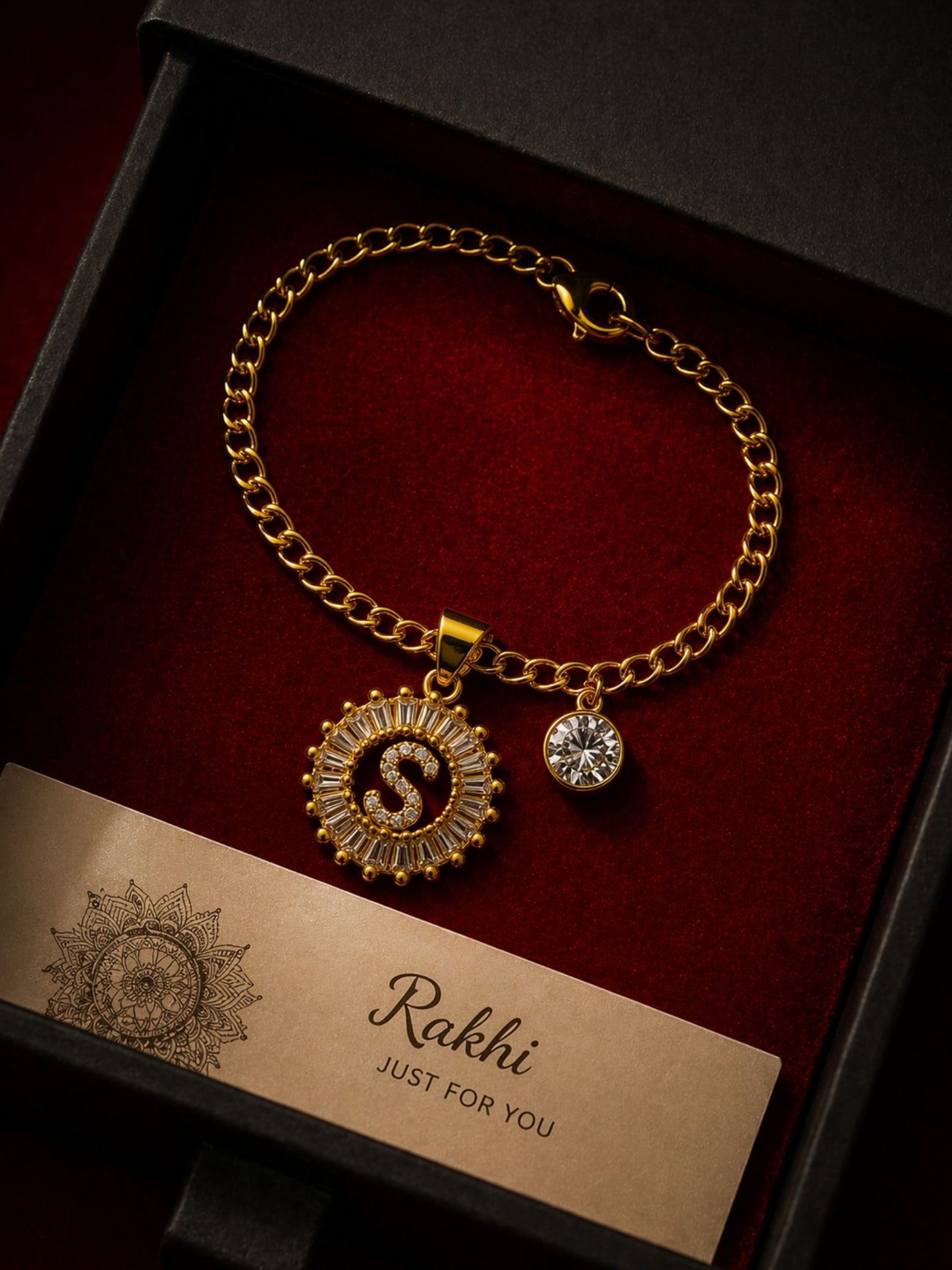 A TO Z Alphabet Circular Crystal Charm Initial Name Lumba Rakhi Bracelet For Bhaiya Bhabhi