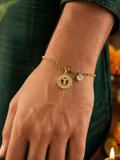 A TO Z Alphabet Circular Crystal Charm Initial Name Lumba Rakhi Bracelet For Bhaiya Bhabhi