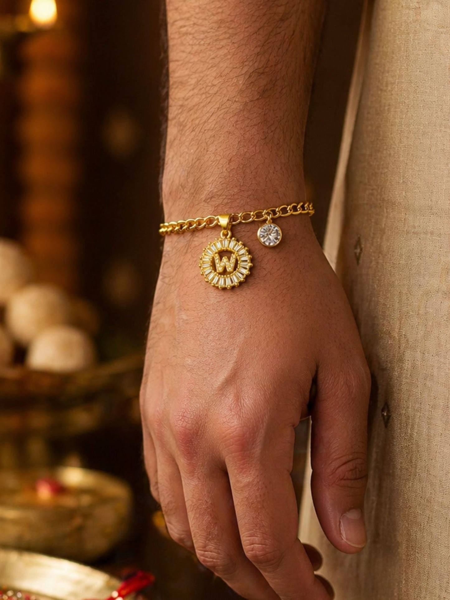 A TO Z Alphabet Circular Crystal Charm Initial Name Lumba Rakhi Bracelet For Bhaiya Bhabhi