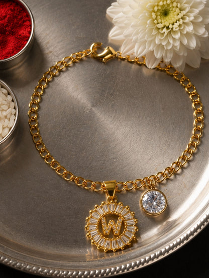 A TO Z Alphabet Circular Crystal Charm Initial Name Lumba Rakhi Bracelet For Bhaiya Bhabhi