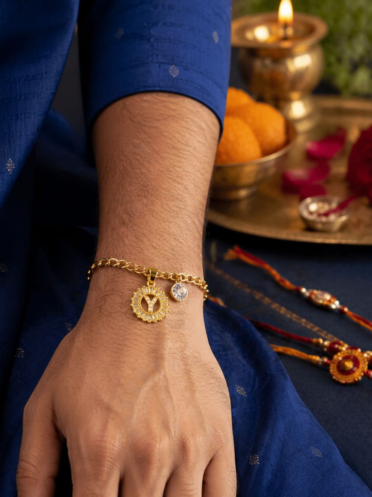 A TO Z Alphabet Circular Crystal Charm Initial Name Lumba Rakhi Bracelet For Bhaiya Bhabhi
