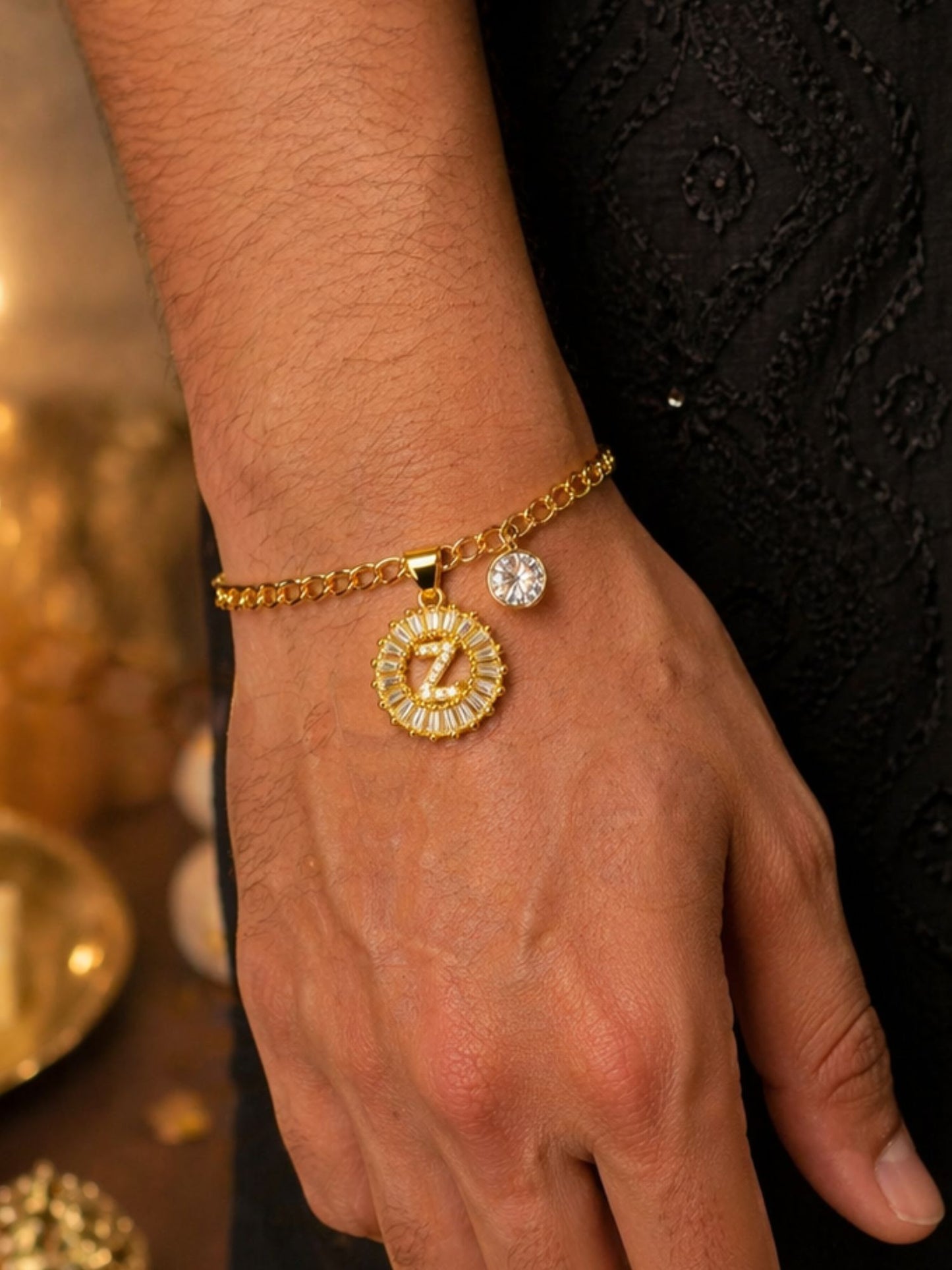 A TO Z Alphabet Circular Crystal Charm Initial Name Lumba Rakhi Bracelet For Bhaiya Bhabhi