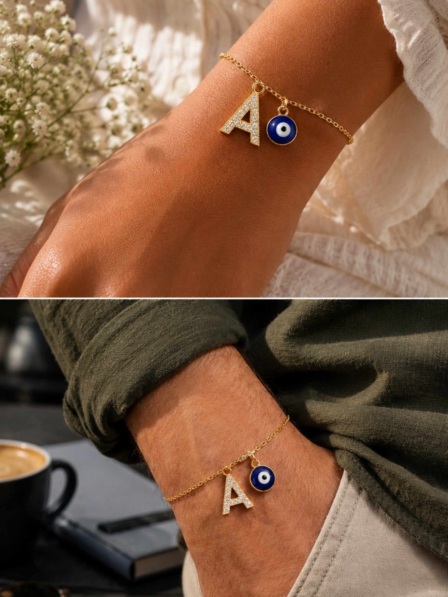 (Set of 2) A To Z Alphabet with Evil Eye Rakhi Bracelet Bhaiya Bhabhi