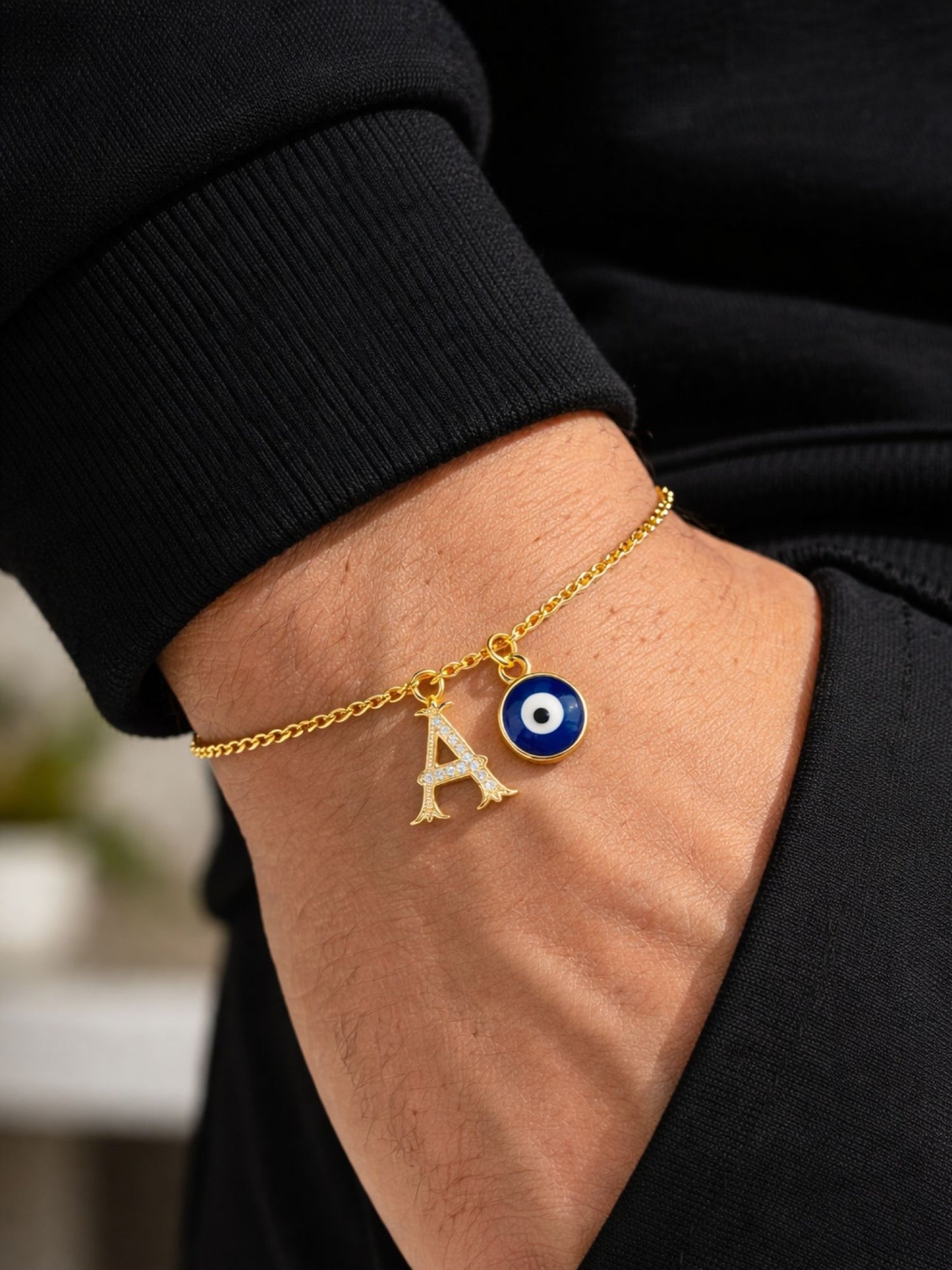 A TO Z Alphabet Blue Evil Eye Initial Name Lumba Rakhi Bracelet Gift for Bhaiya Bhabhi