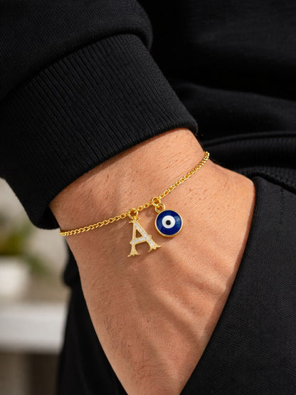 A TO Z Alphabet Blue Evil Eye Initial Name Lumba Rakhi Bracelet Gift for Bhaiya Bhabhi