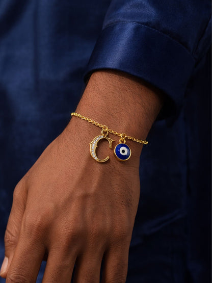 A TO Z Alphabet Blue Evil Eye Initial Name Lumba Rakhi Bracelet Gift for Bhaiya Bhabhi