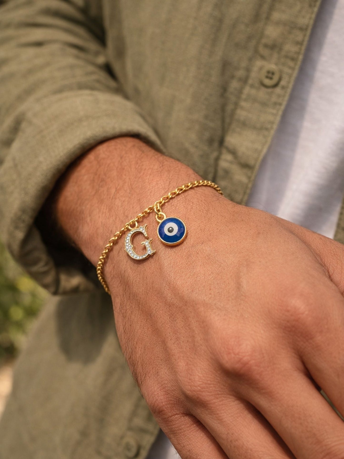 A TO Z Alphabet Blue Evil Eye Initial Name Lumba Rakhi Bracelet Gift for Bhaiya Bhabhi