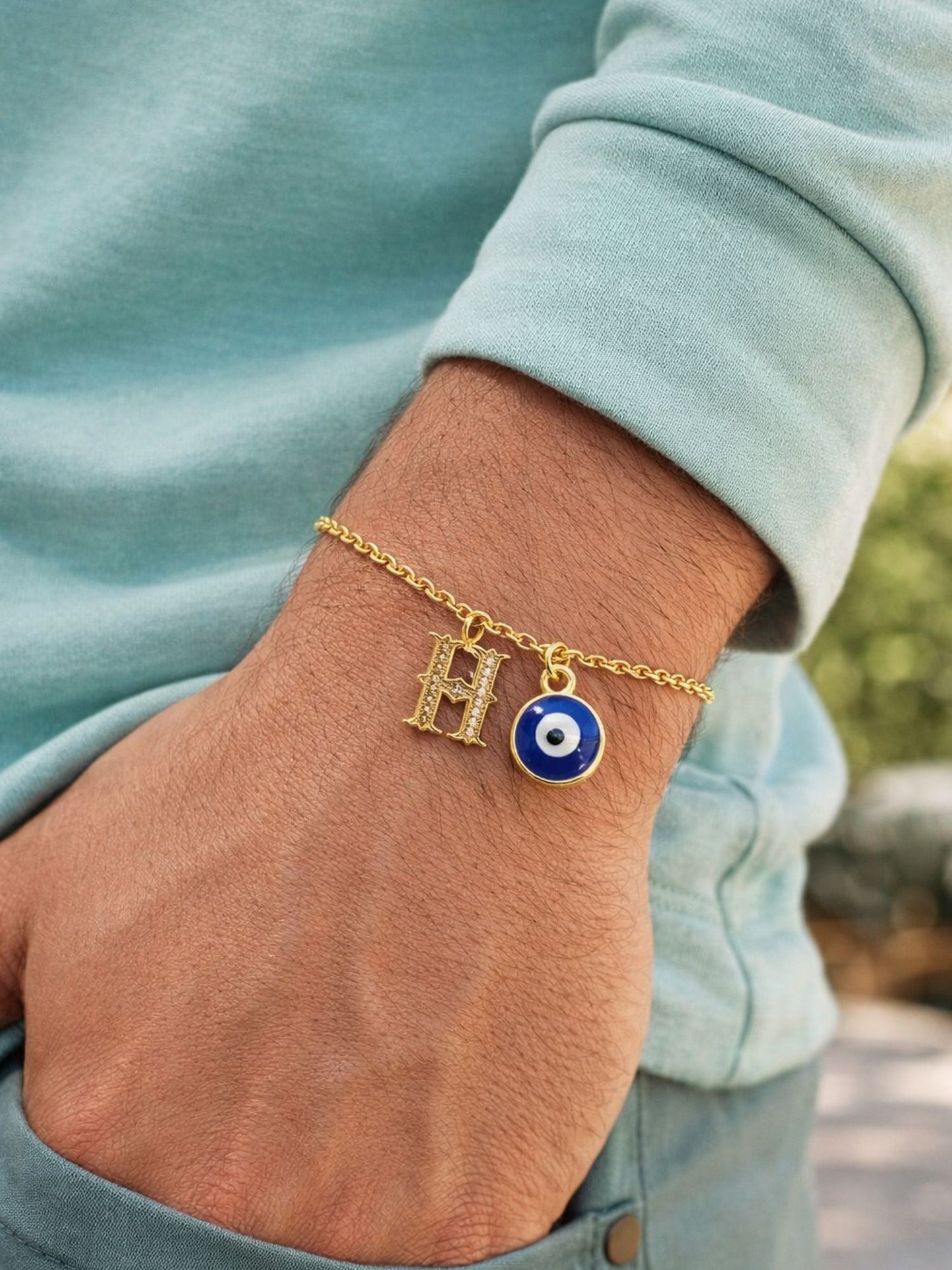 A TO Z Alphabet Blue Evil Eye Initial Name Lumba Rakhi Bracelet Gift for Bhaiya Bhabhi