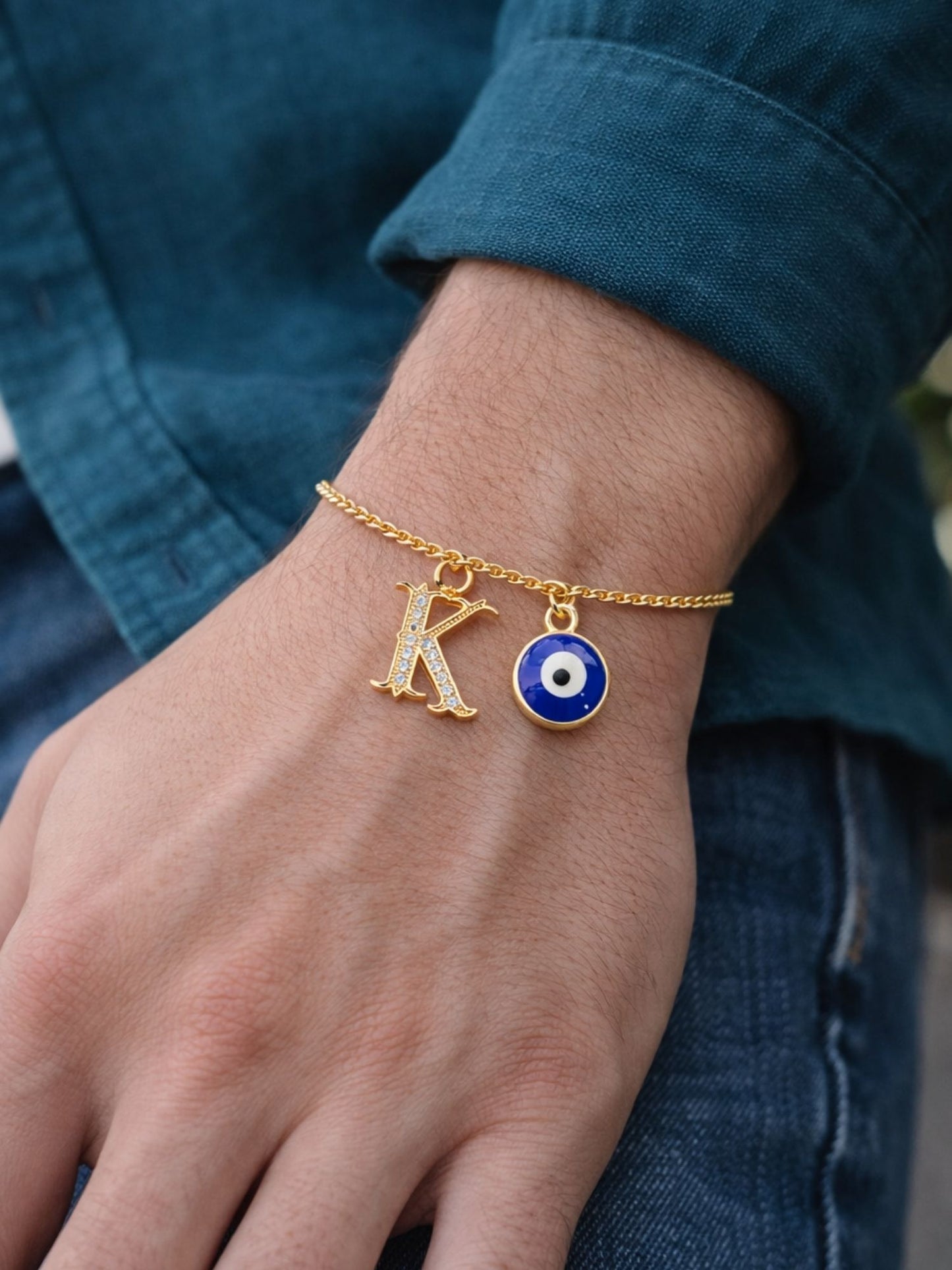 A TO Z Alphabet Blue Evil Eye Initial Name Lumba Rakhi Bracelet Gift for Bhaiya Bhabhi