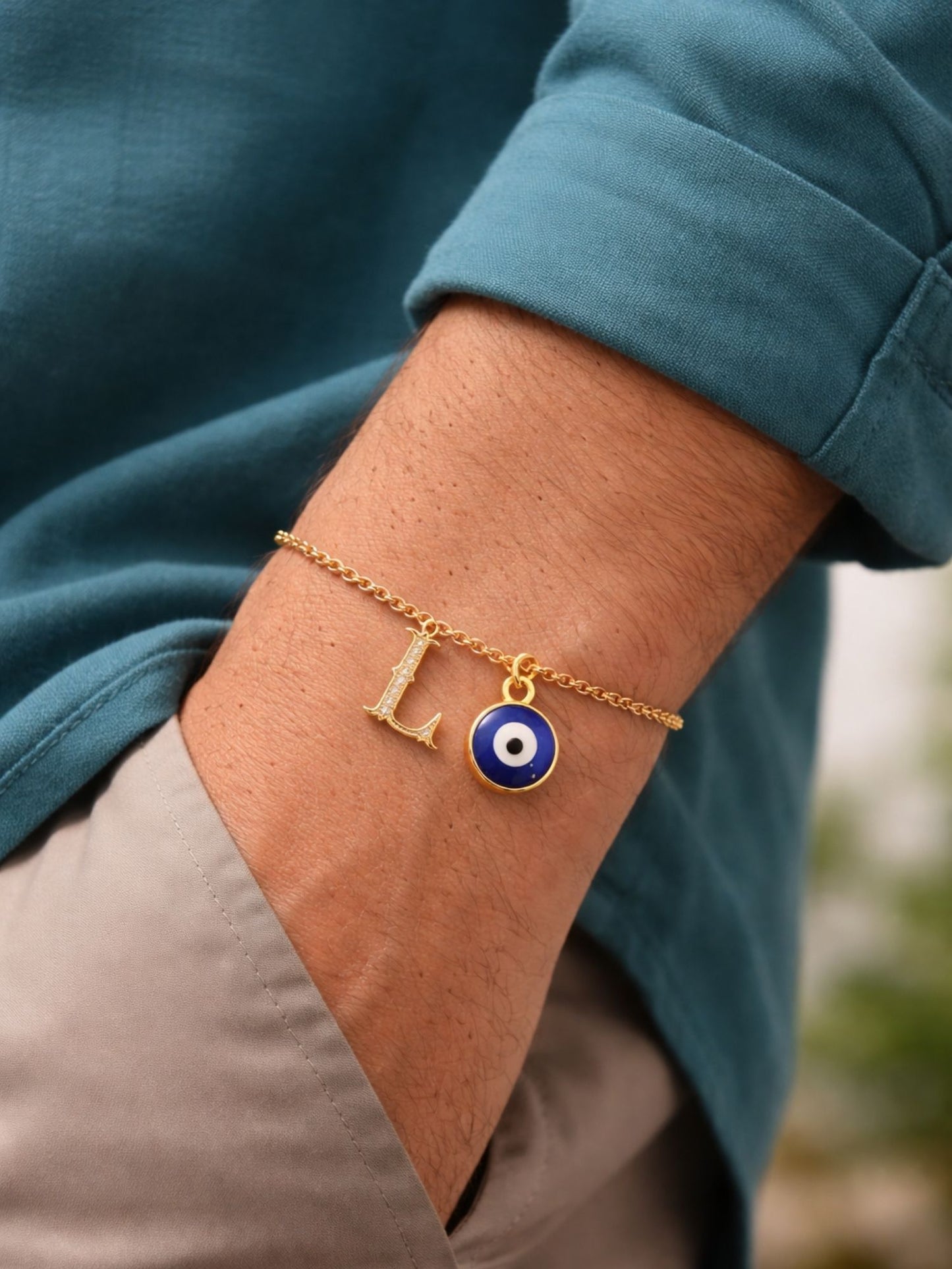 A TO Z Alphabet Blue Evil Eye Initial Name Lumba Rakhi Bracelet Gift for Bhaiya Bhabhi