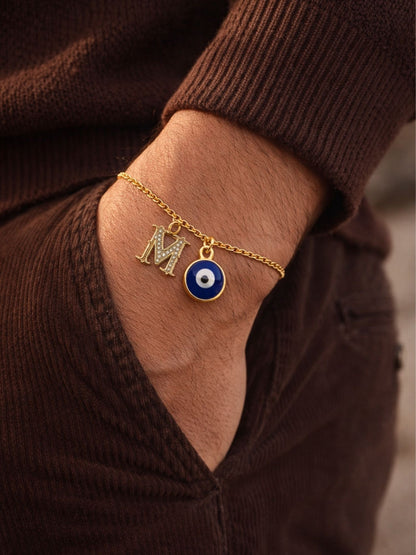 A TO Z Alphabet Blue Evil Eye Initial Name Lumba Rakhi Bracelet Gift for Bhaiya Bhabhi