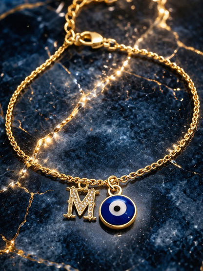 A TO Z Alphabet Blue Evil Eye Initial Name Lumba Rakhi Bracelet Gift for Bhaiya Bhabhi