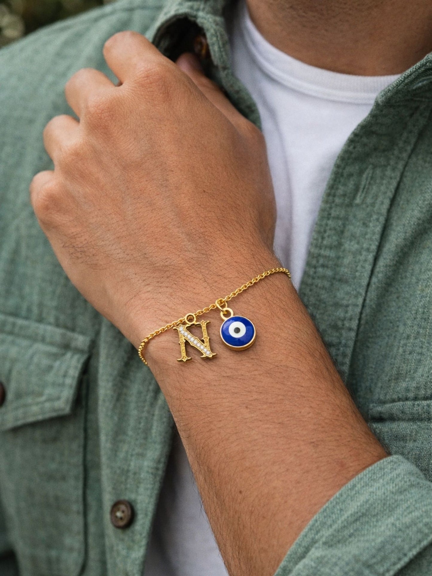 A TO Z Alphabet Blue Evil Eye Initial Name Lumba Rakhi Bracelet Gift for Bhaiya Bhabhi