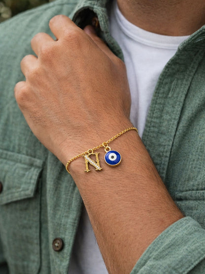 A TO Z Alphabet Blue Evil Eye Initial Name Lumba Rakhi Bracelet Gift for Bhaiya Bhabhi