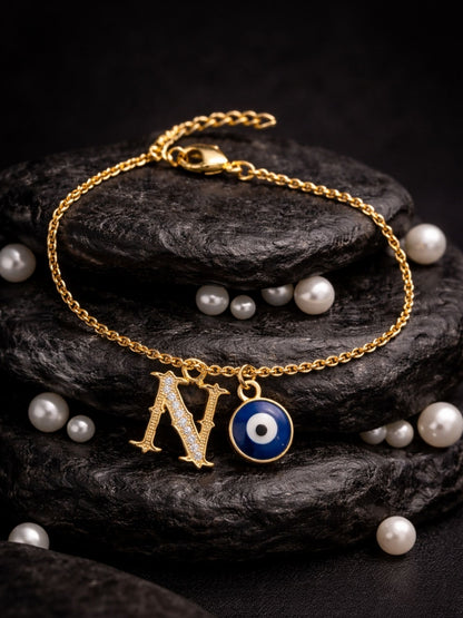 A TO Z Alphabet Blue Evil Eye Initial Name Lumba Rakhi Bracelet Gift for Bhaiya Bhabhi