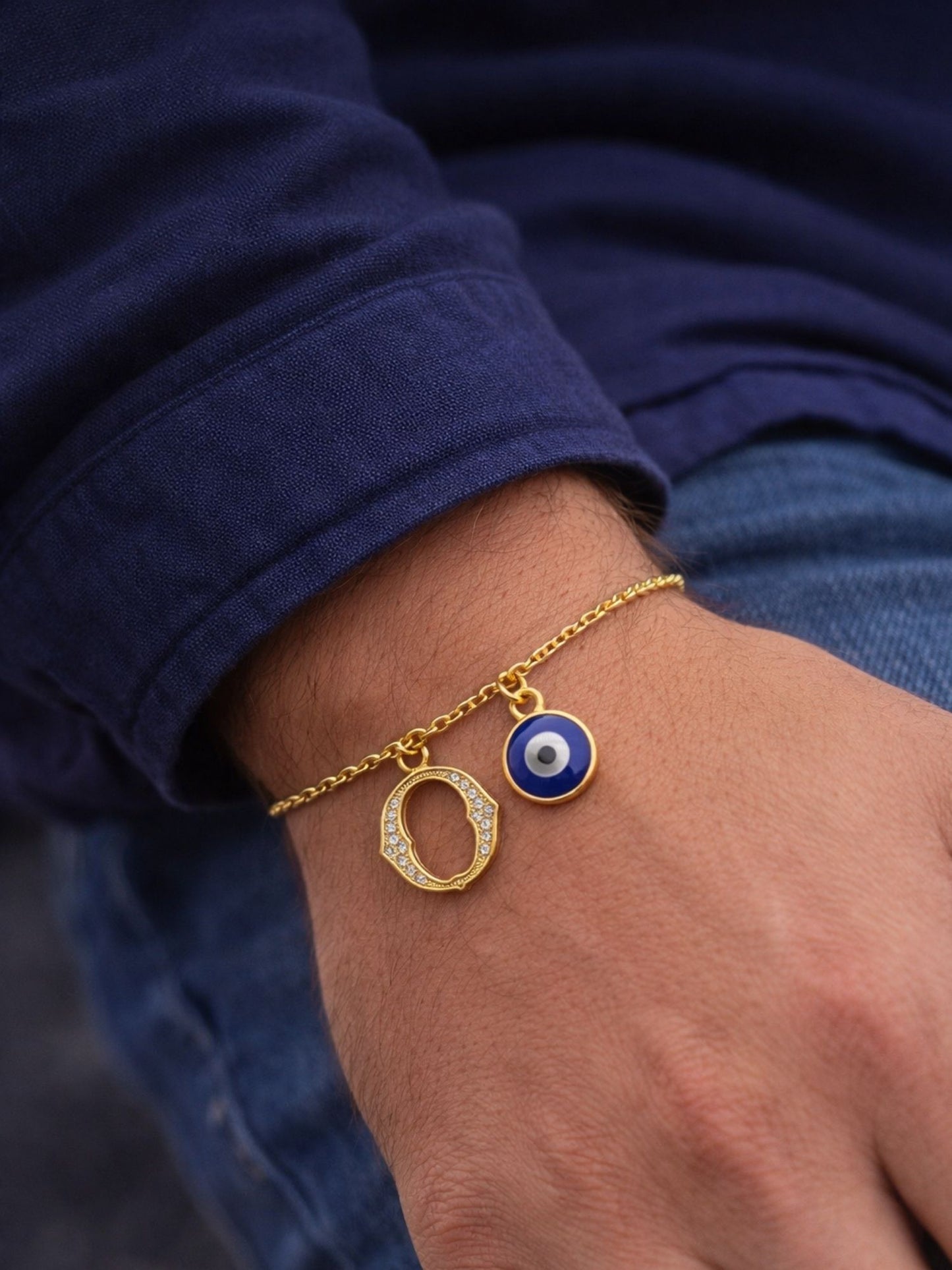 A TO Z Alphabet Blue Evil Eye Initial Name Lumba Rakhi Bracelet Gift for Bhaiya Bhabhi