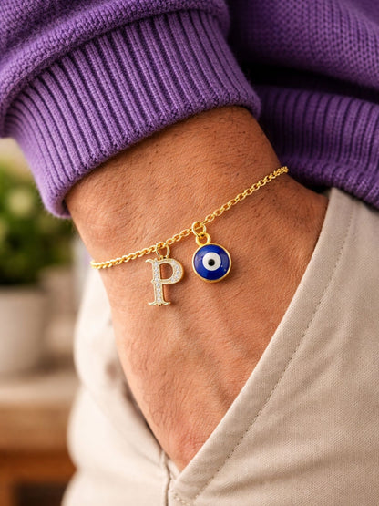 A TO Z Alphabet Blue Evil Eye Initial Name Lumba Rakhi Bracelet Gift for Bhaiya Bhabhi