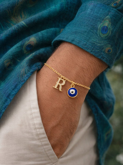 A TO Z Alphabet Blue Evil Eye Initial Name Lumba Rakhi Bracelet Gift for Bhaiya Bhabhi