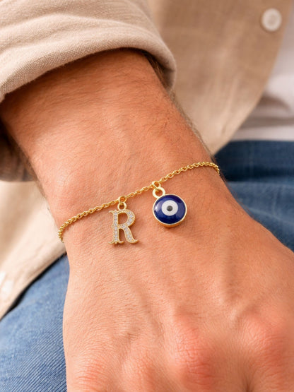 A TO Z Alphabet Blue Evil Eye Initial Name Lumba Rakhi Bracelet Gift for Bhaiya Bhabhi