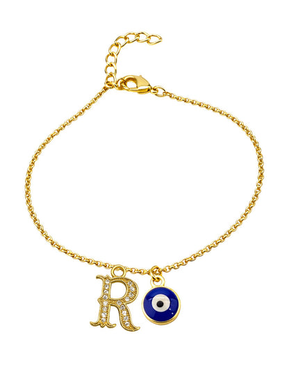 A TO Z Alphabet Blue Evil Eye Initial Name Lumba Rakhi Bracelet Gift for Bhaiya Bhabhi
