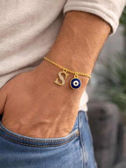 A TO Z Alphabet Blue Evil Eye Initial Name Lumba Rakhi Bracelet Gift for Bhaiya Bhabhi