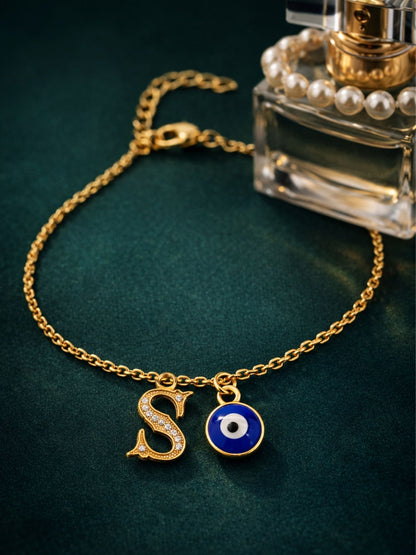 A TO Z Alphabet Blue Evil Eye Initial Name Lumba Rakhi Bracelet Gift for Bhaiya Bhabhi