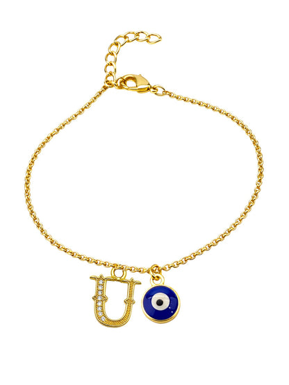 A TO Z Alphabet Blue Evil Eye Initial Name Lumba Rakhi Bracelet Gift for Bhaiya Bhabhi