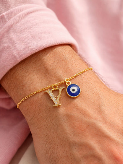 A TO Z Alphabet Blue Evil Eye Initial Name Lumba Rakhi Bracelet Gift for Bhaiya Bhabhi