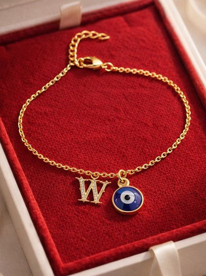 A TO Z Alphabet Blue Evil Eye Initial Name Lumba Rakhi Bracelet Gift for Bhaiya Bhabhi