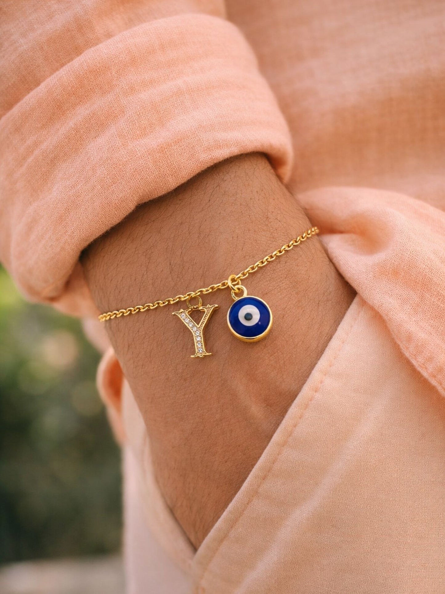 A TO Z Alphabet Blue Evil Eye Initial Name Lumba Rakhi Bracelet Gift for Bhaiya Bhabhi
