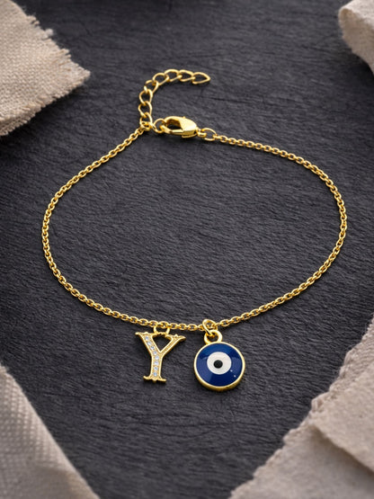 A TO Z Alphabet Blue Evil Eye Initial Name Lumba Rakhi Bracelet Gift for Bhaiya Bhabhi