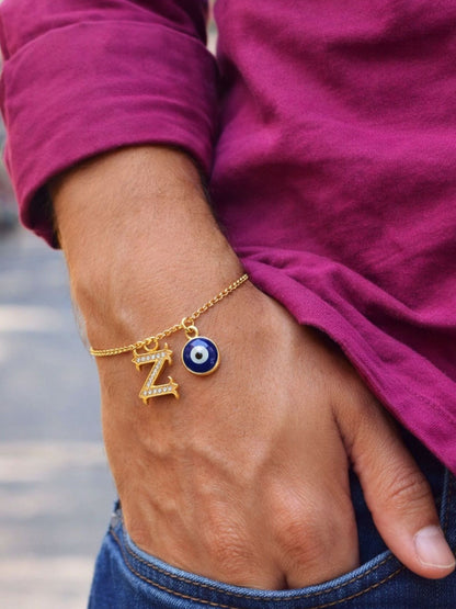 A TO Z Alphabet Blue Evil Eye Initial Name Lumba Rakhi Bracelet Gift for Bhaiya Bhabhi