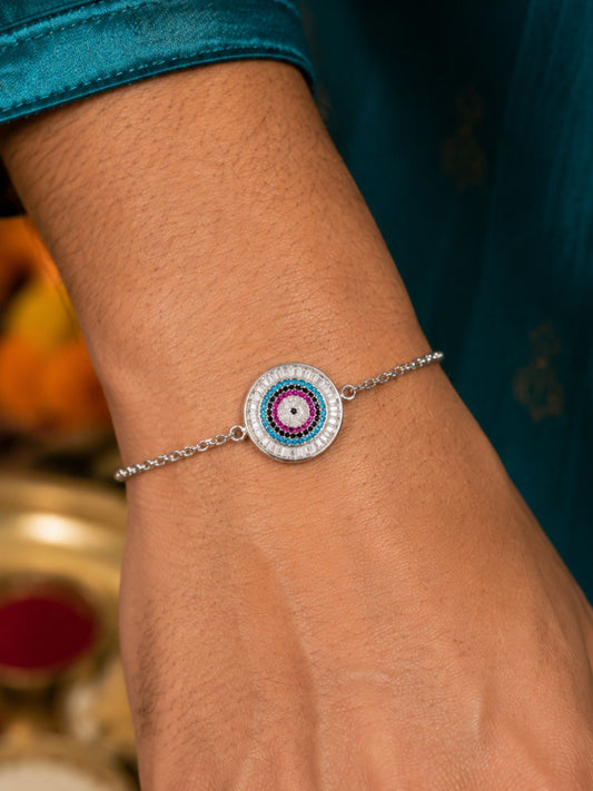 Silver Round AD Evil Eye Rakhi Bracelet for Bhai