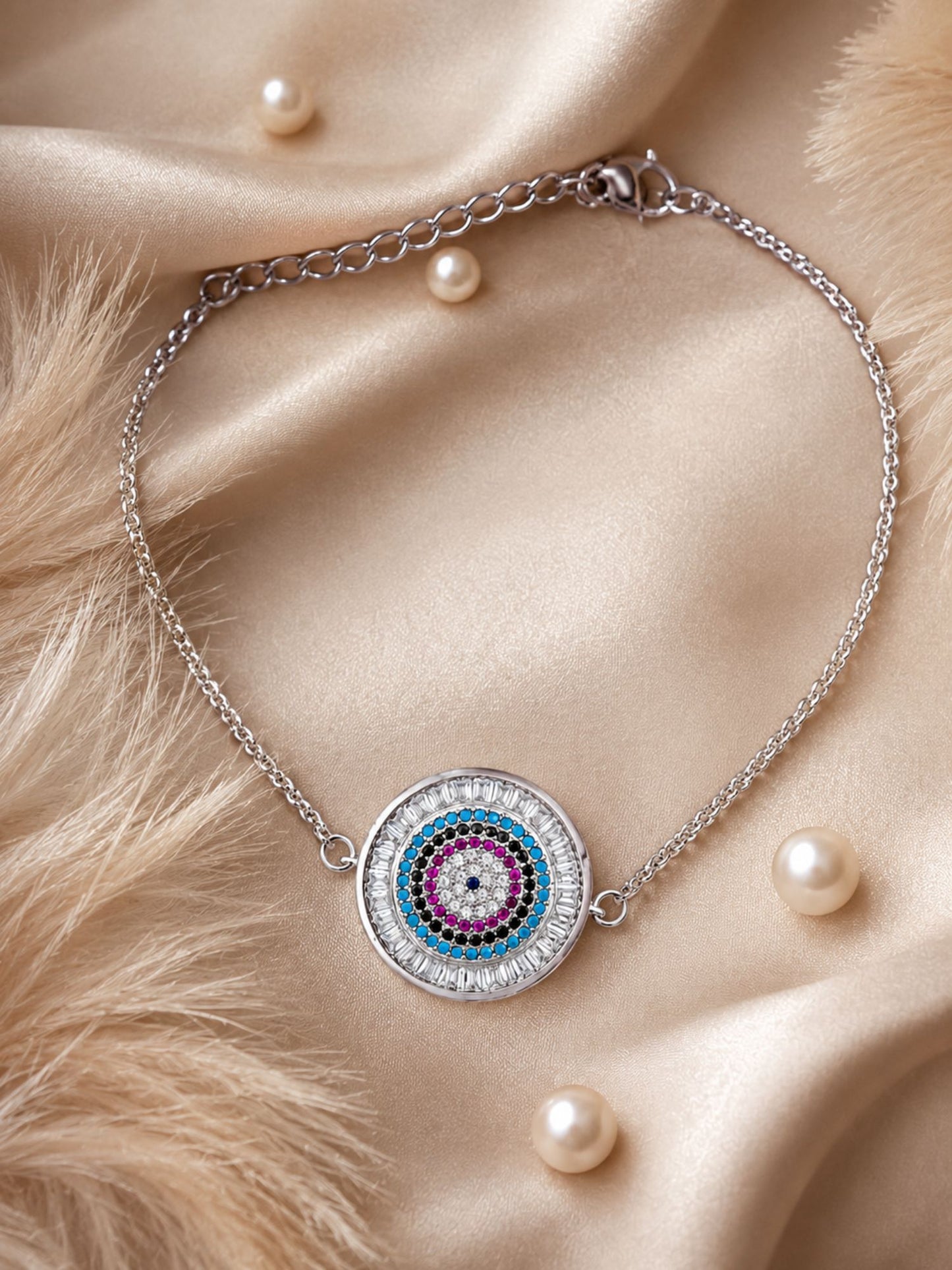 Silver Round AD Evil Eye Rakhi Bracelet for Bhai