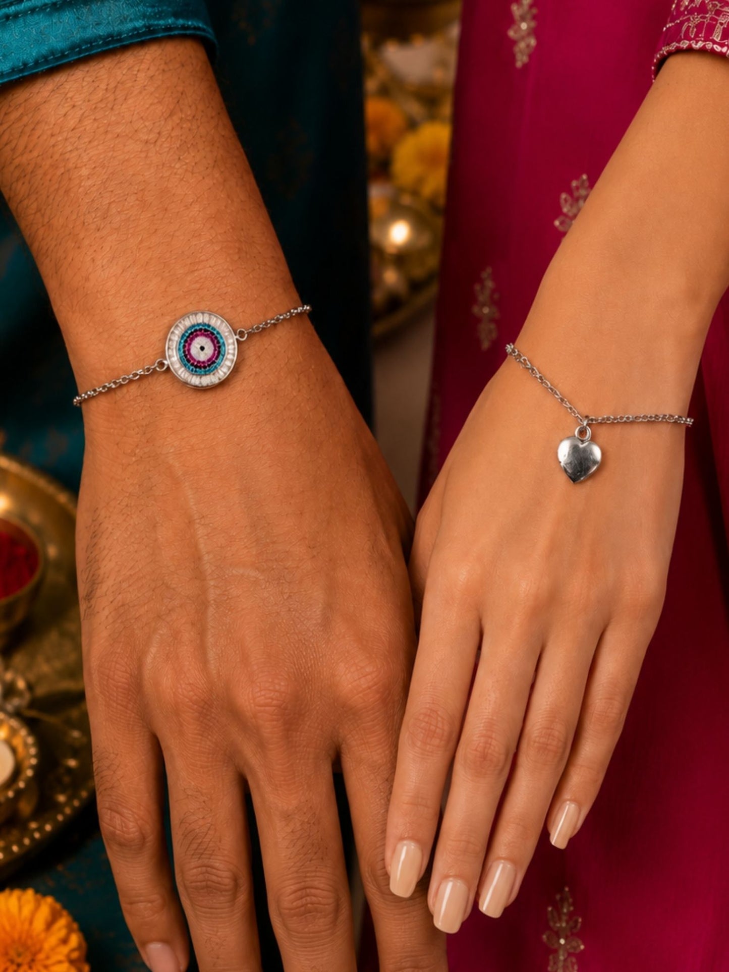 (Set of 2) Evil Eye Heart Lumba Rakhi Bracelet for Bhaiya Bhabhi