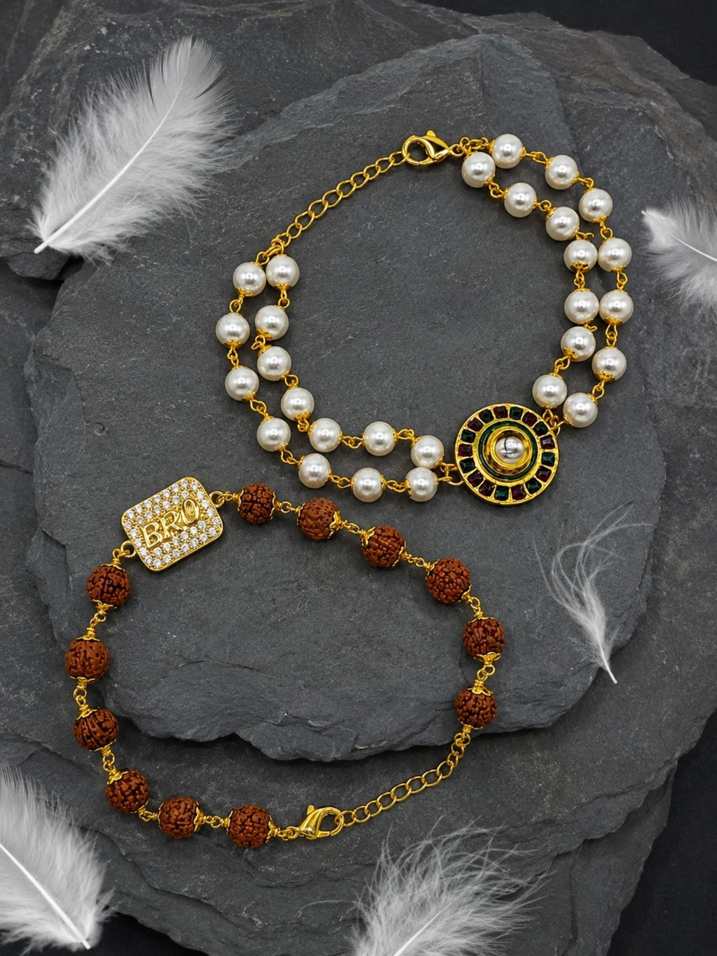 (Set of 2) Pearl Lumba & BRO Rudraksha Rakhi For Bhaiya Bhabhi