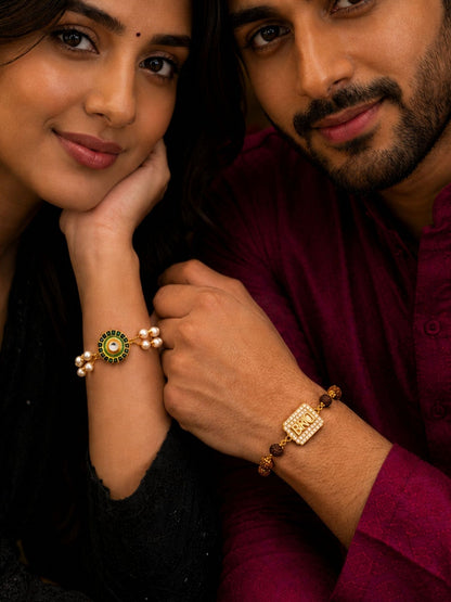 (Set of 2) Pearl Lumba & BRO Rudraksha Rakhi For Bhaiya Bhabhi