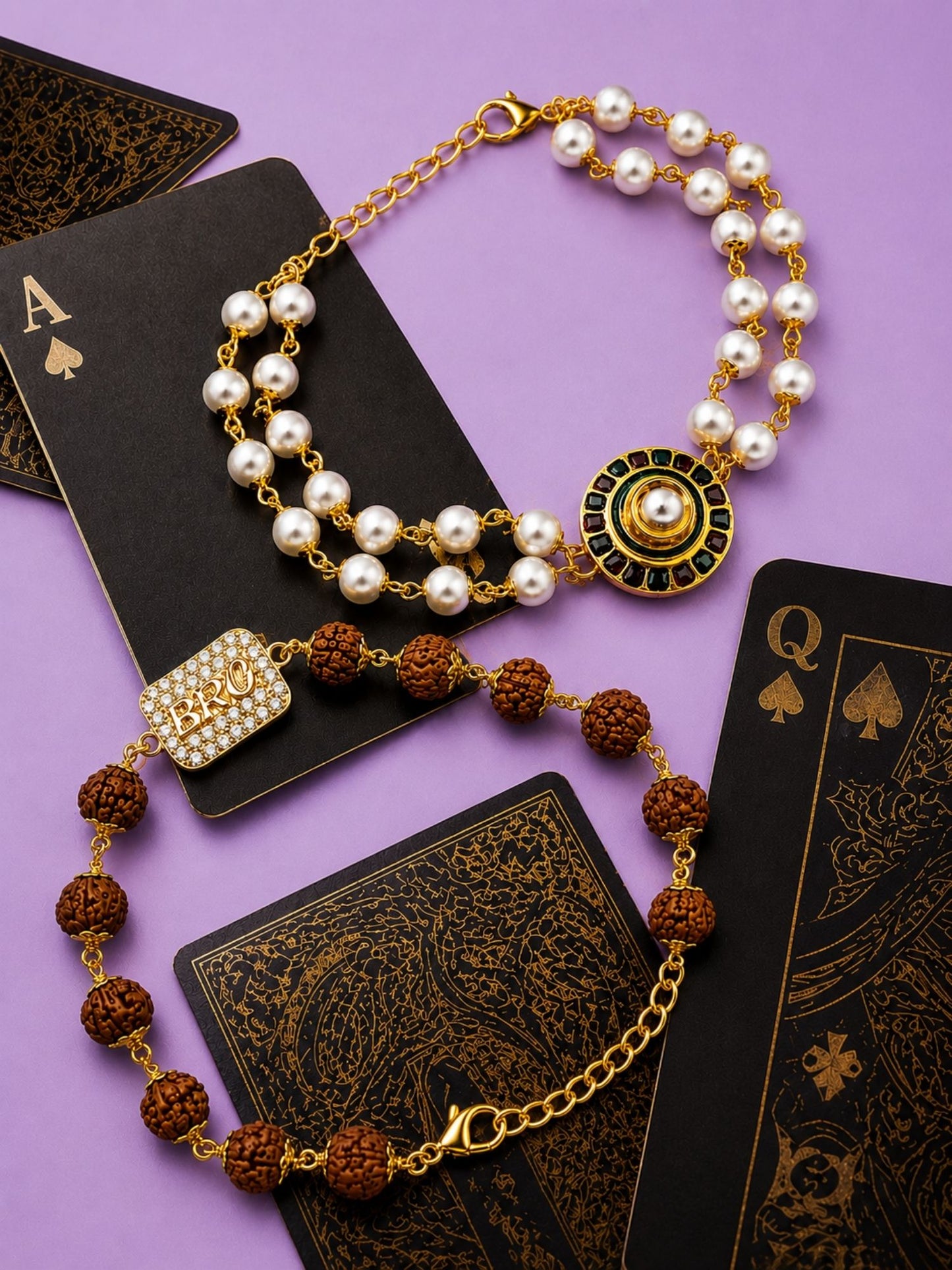 (Set of 2) Pearl Lumba & BRO Rudraksha Rakhi For Bhaiya Bhabhi