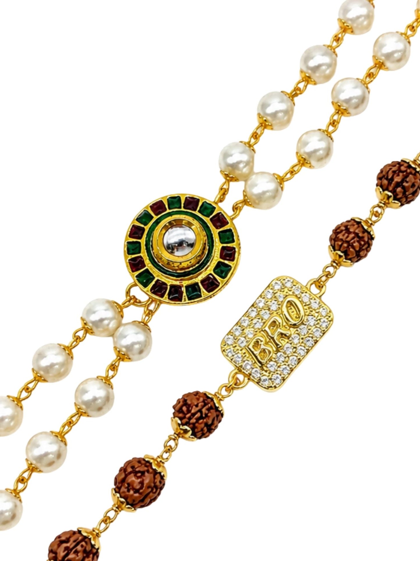 (Set of 2) Pearl Lumba & BRO Rudraksha Rakhi For Bhaiya Bhabhi