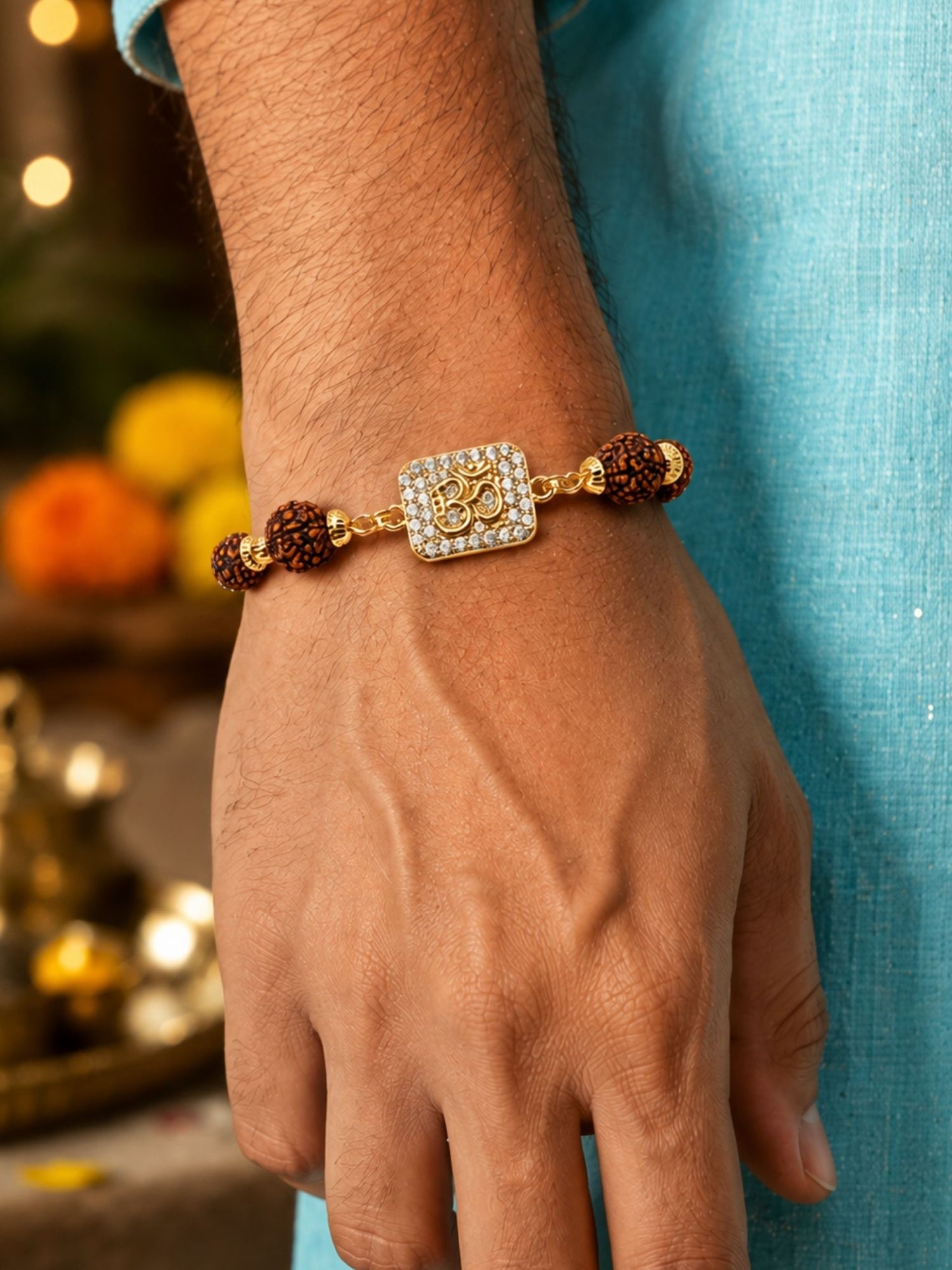 Om Charm AD Stone Rudraksha Rakhi Bracelet for Bhaiya