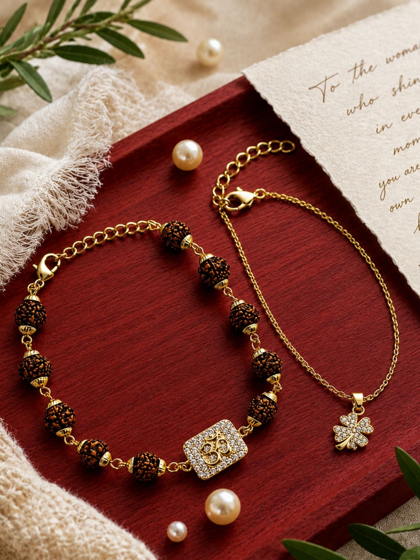 (Set of 2) AD Om Rudraksha Leaf Clover Lumba Rakhi For Bhaiya Bhabhi