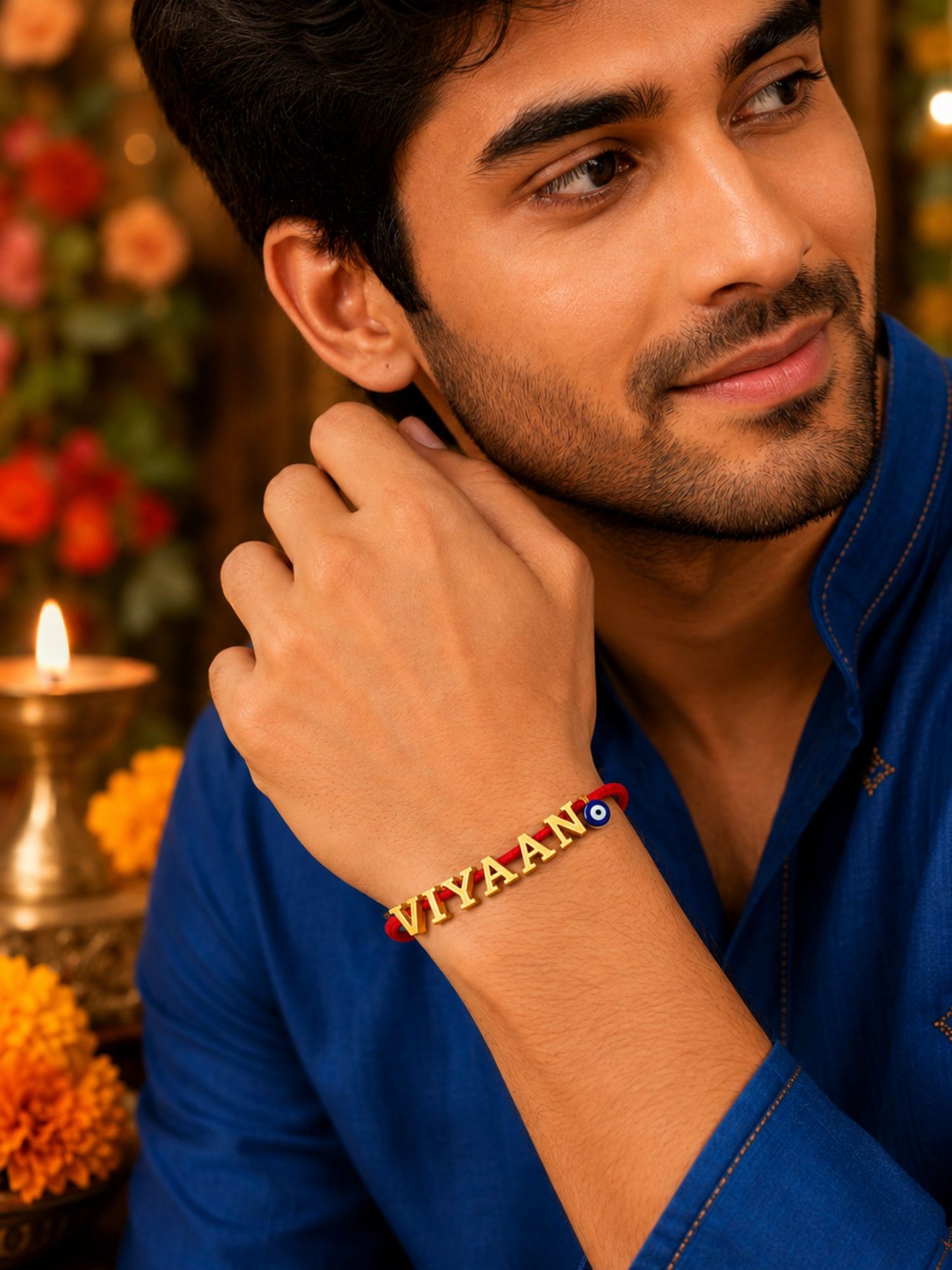 Personalized Name Rakhi with Evil Eye Charm Mauli Thread for Brother Raksha Bandhan