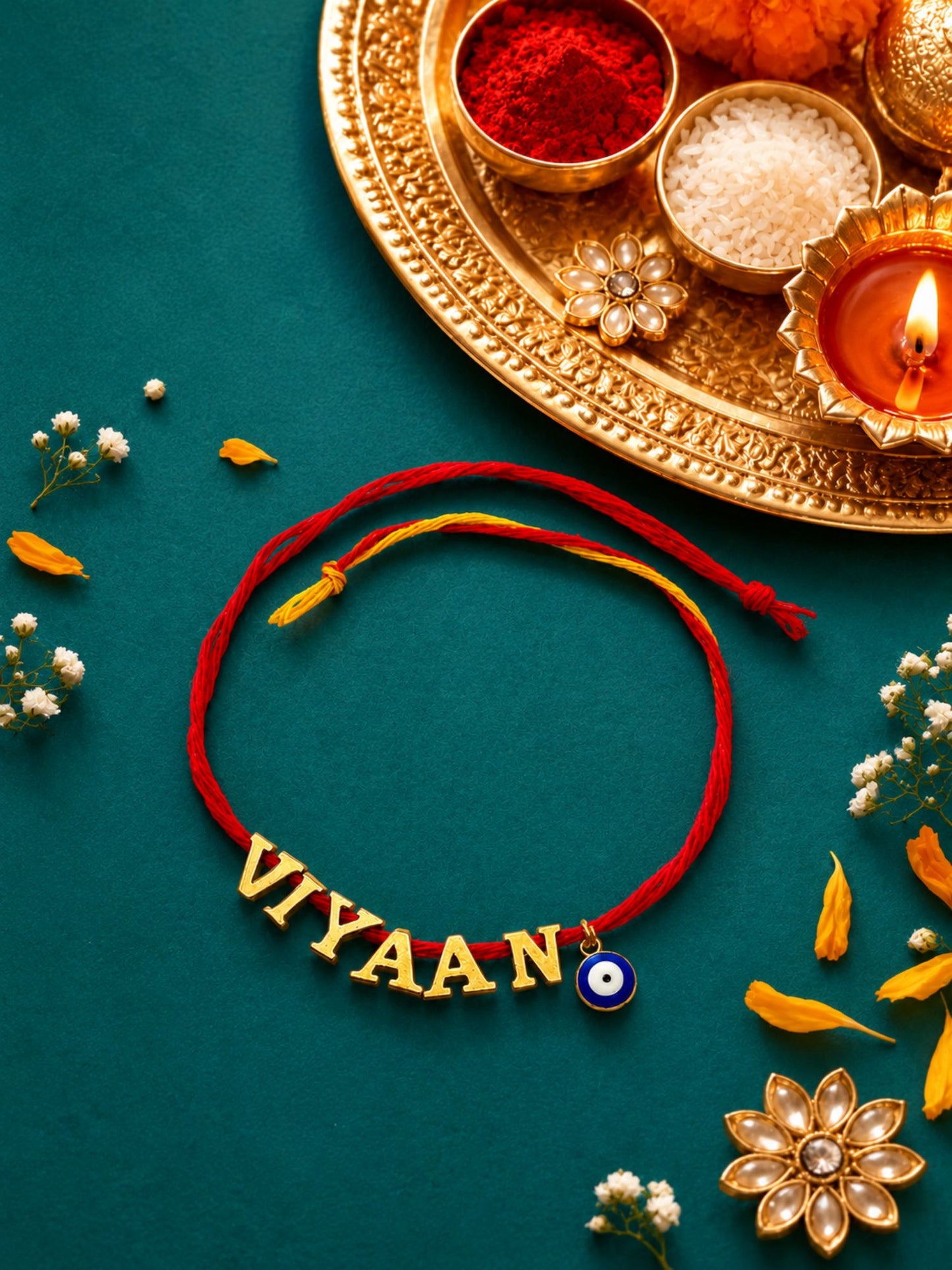 Personalized Name Rakhi with Evil Eye Charm Mauli Thread for Brother Raksha Bandhan