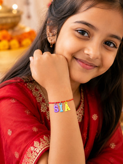 Personalized Name Kids Rakhi with Multicolor Letter Charms Mauli Thread for Brother