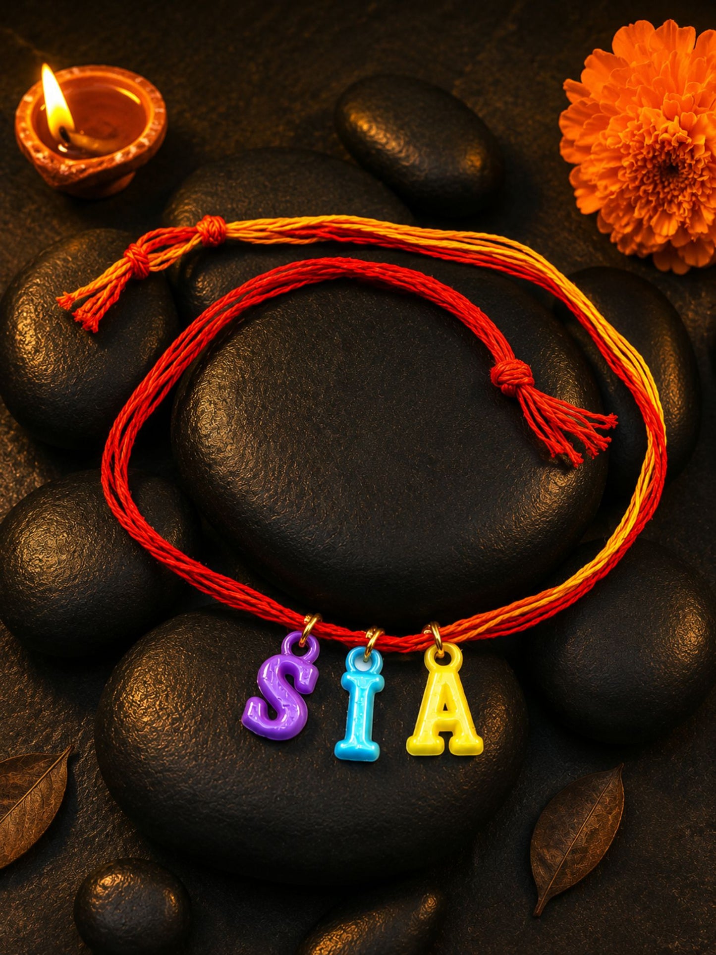 Personalized Name Kids Rakhi with Multicolor Letter Charms Mauli Thread for Brother
