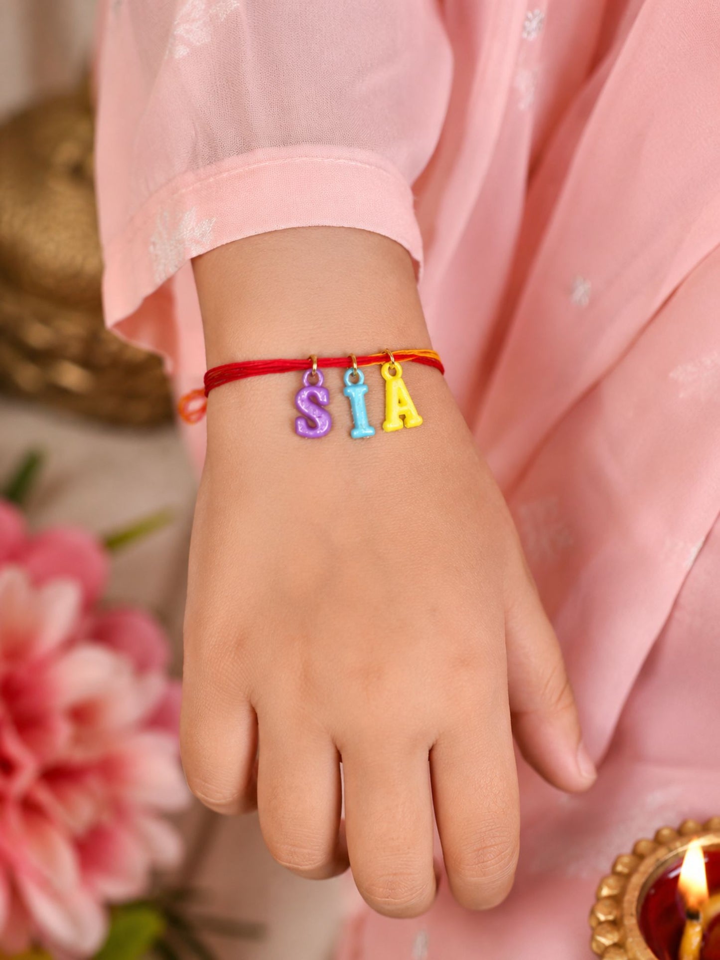 Personalized Name Kids Rakhi with Multicolor Letter Charms Mauli Thread for Brother