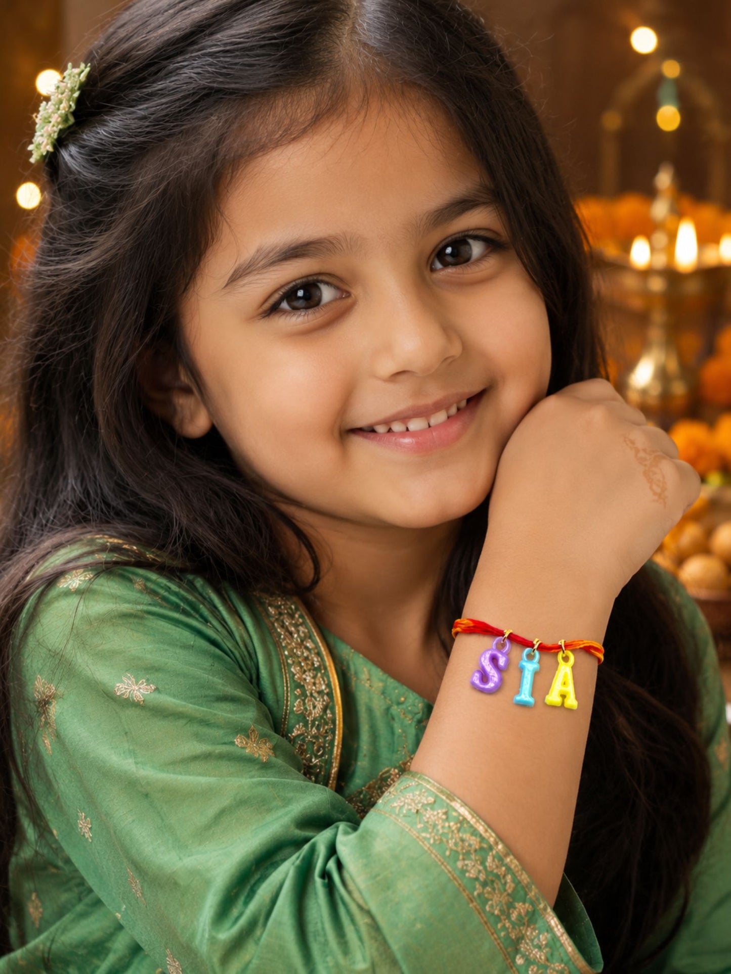 Personalized Name Kids Rakhi with Multicolor Letter Charms Mauli Thread for Brother