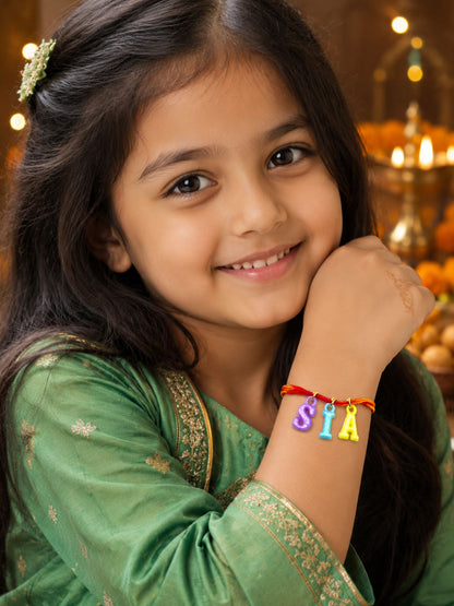 Personalized Name Kids Rakhi with Multicolor Letter Charms Mauli Thread for Brother